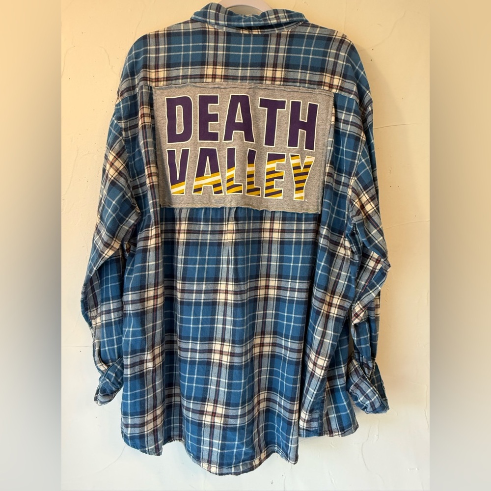 NWT OOAK UPCYCLED LSU DEATH VALLEY TEE & BLUE /WHITE FLANNEL SZ 2X